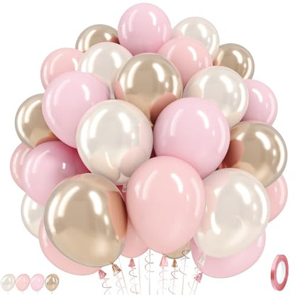 Pink and Gold Balloons, 12 Inch Pastel Light Pink and Pearl Sand White Latex Balloon with Metallic Champagne Gold Beige Balloon for Boho Princess Women Birthday Baby Bridal Shower Wedding Engagement - color: Baby Pink White Gold