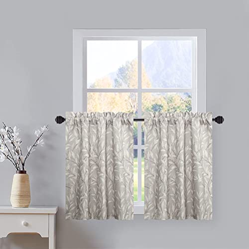 VOGOL Leaf Print Tiers Curtains Grey Small Window Curtains for Bathroom Laundry Room Basement Rod Pocket Lovely Leaf Print Window Drapes, 30 x 30, 2 Panels - color: Grey, size: 30"W x 30"L (Pack of 2)