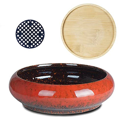 Succulent Pots with Drainage, 7.3 Inch Ceramic Bonsai Pots for Plants - color: Red