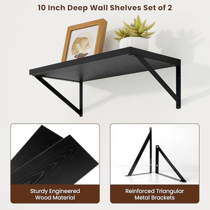 Axeman 20 Inch Floating Shelves, 10 Inch Deep Black Wall Shelves Set of 2 - color: Black, size: 20W x 10D