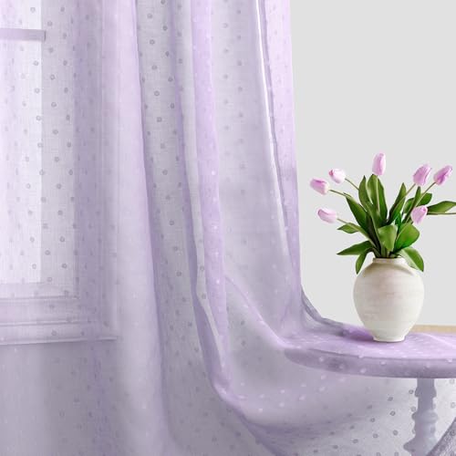 Pitalk Light Purple Sheer Curtain for Kids Room Nursery 63 Inch Polka Dots - color: Lavender, size: 52"W x 63"L (Pack of 2)