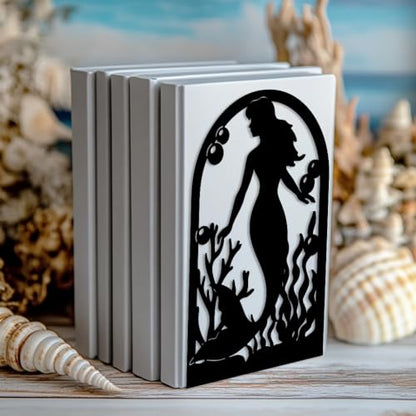 Peacoblue 5.3"x4.3"x7.9" Metal Bookends, Heavy Duty Book Ends for Shelves - style: Mermaid