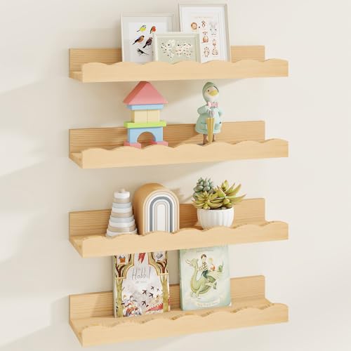 Fun Memories Picture Ledge Shelf for Wall, 16 inch Pine Wood Nursery Book Shelves Set of 4- Wall Book Shelves for Kids Room, Home Decor - Kitchen Spice-Natural - color: Natural, size: 16", Set of 4
