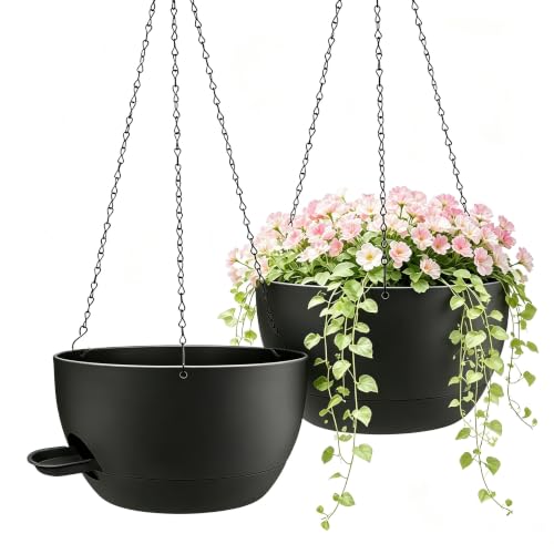 2 Pack 12 Inch Self‑Watering Hanging Planters Plant Pots, Black - color: Black