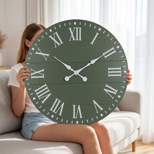 Large Wall Clock with Roman Numeral, 28” Shiplap Farmhouse Clock - color: Green, size: 28 Inch