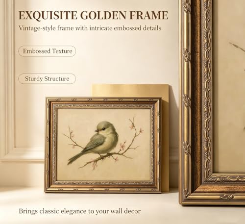 Vintage Gold Framed Wall Art Spring Bird Oil Painting Canvas Print Watercolor Cherry Blossom Picture Wall Decor Rustic Farmhouse Beige Floral Poster Artwork for Nursery Living Room Bedroom - color: Bird, size: 11"L x 9"W