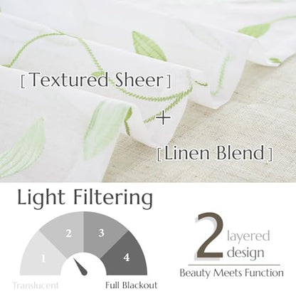 jinchan Sheer Valance Curtain Sage Green Leaf Embroidered 18 Inch 1 Panel - color: Leaves | Green on White