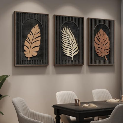 Framed 3D Wood Tropical Botanical Textured Wall Decor Living Room, 24x36 In - color: Black Brown