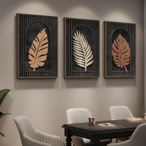 Framed 3D Wood Tropical Botanical Textured Wall Decor Living Room, 24x36 In - color: Black Brown