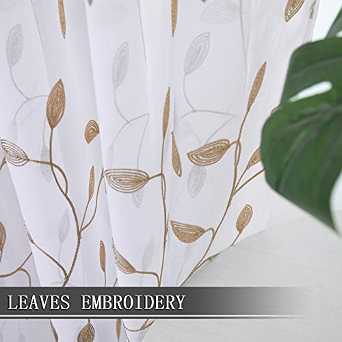 Tollpiz Leaves Sheer Tier Curtain Taupe Leaf Embroidery Kitchen Half Curtains Rod Pocket Voile Faux Linen Embroidered Leaves Curtain for Bathroom, 30 x 36 inches Long, Set of 2 Panels - color: Taupe, size: 30"W x 36"L (Pack of 2)