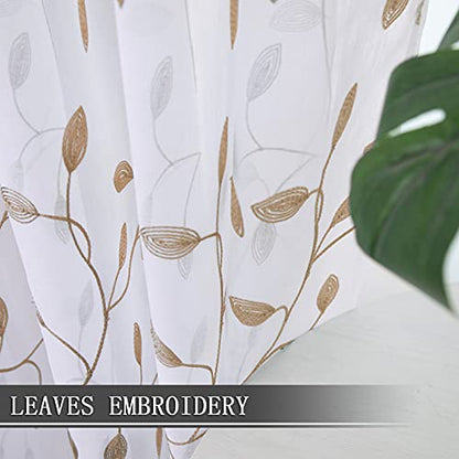 Tollpiz Leaves Sheer Tier Curtain Taupe Leaf Embroidery Kitchen Half Curtains Rod Pocket Voile Faux Linen Embroidered Leaves Curtain for Bathroom, 30 x 36 inches Long, Set of 2 Panels - color: Taupe, size: 30"W x 36"L (Pack of 2)