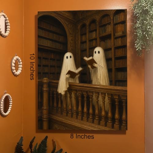 Halloween Wall Art Framed Canvas Print Ghost Reading Books Poster - color: Q