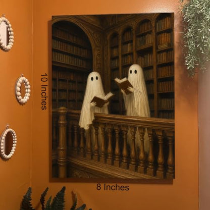 Halloween Wall Art Framed Canvas Print Ghost Reading Books Poster - color: Q