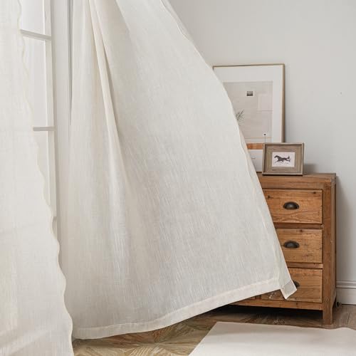 DriftAway Semi Sheer Scalloped Edge Linen Coastal Beach Window Curtains for Living Room Bedroom 2 Panels Rod Pocket Each Size 52 Inch by 63 Inch Taupe - color: Linen Taupe, size: 52"W x 63"L (Pack of 2)