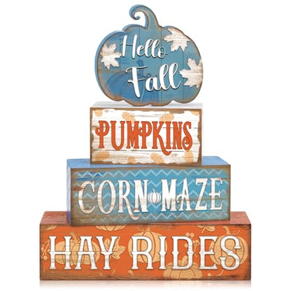 4 Pcs Fall Blue Pumpkin Decor for Home Hello Fall Wooden Signs with Blessed - style: Blue Pumpkin