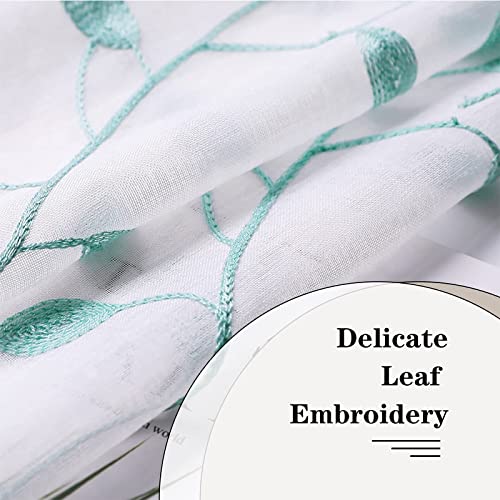 MRTREES Sheer Christmas Curtain Valance, 2 Panels Leaves Embroidered Small Valances Curtains 54x16 Inches, Rod Pocket Short Window Treatment Toppers for Living Room Bedroom Kitchen(Aqua Blue Leaves) - color: Leaves-aqua Blue