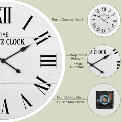 ARTPOWER 24" Extra Large Farmhouse Wall Clock,Solid Wood Veneer,White - color: White, size: 24"W x 24"H