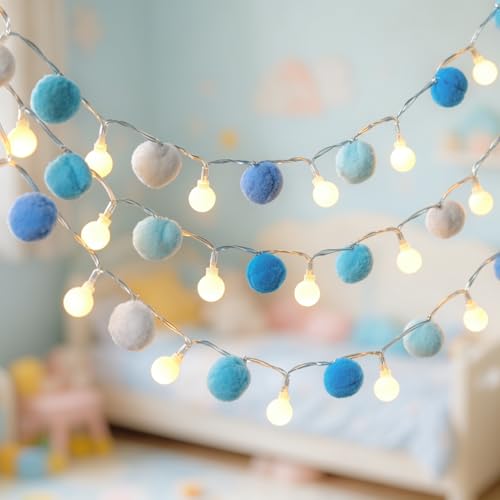 9.84FT Pom Poms Fairy Lights 30 LED Battery & USB Operated String Lights - color: Blue, size: 9.54 FT