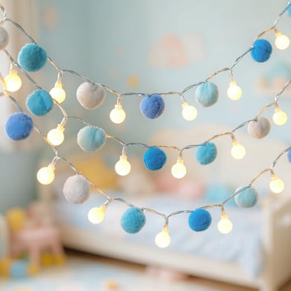 9.84FT Pom Poms Fairy Lights 30 LED Battery & USB Operated String Lights - color: Blue, size: 9.54 FT
