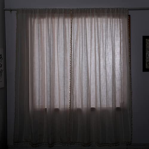 RoomTalks Boho Curtains for Bedroom Living Room 63 Inch Length Freanch Country Modern Farmhouse Window Curtain Panels Embroidery Striped Bohemian Tassel Draperies (63’’L x 52’’W, Beige) - color: Beige, size: 52"W x 63"L (Pack of 2)