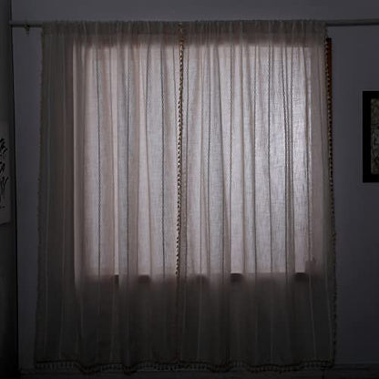 RoomTalks Boho Curtains for Bedroom Living Room 63 Inch Length Freanch Country Modern Farmhouse Window Curtain Panels Embroidery Striped Bohemian Tassel Draperies (63’’L x 52’’W, Beige) - color: Beige, size: 52"W x 63"L (Pack of 2)