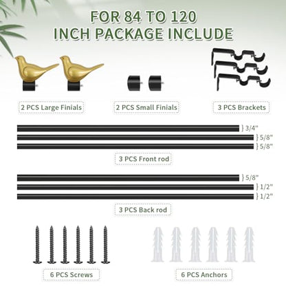 3/4" Diameter Farmhouse Double Window Treatment Curtain Rod, Gold Bird Finials (84"-120", Black Rod) - color: Black with Gold Finial, size: 84"-120"