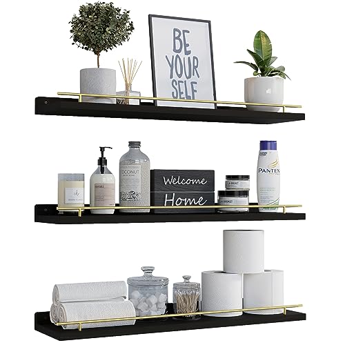 WOPITUES Floating Shelves 24 inch for Wall Decor Set of 3, Black and Gold - color: Black and Gold, size: 23.6 inch
