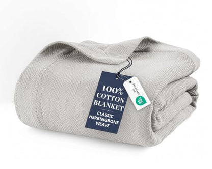 LANE LINEN Twin Bed Blanket, 100% Cotton Textured Herringbone Weave - color: 03: Silver, size: Twin