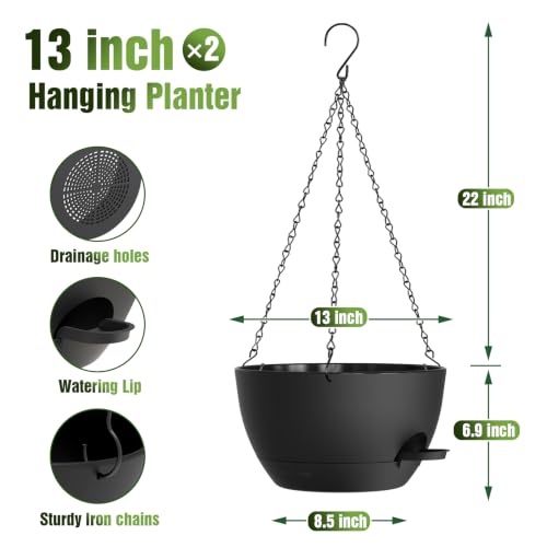 13 Inch Large Self Watering Hanging Planters 2 Pack with Saucers - color: Black, size: 13 Inch 2 Pack