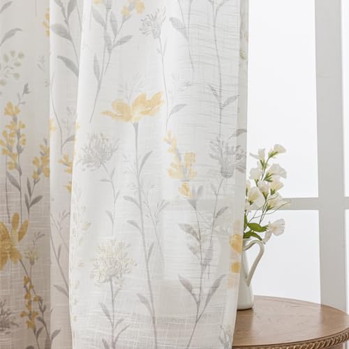 SUOUO Yellow Floral Semi-Sheer Curtains 96 Inches 2 Panels Rod Pocket - color: Yellow-grey, size: 52"W x 96"L (Pack of 2)