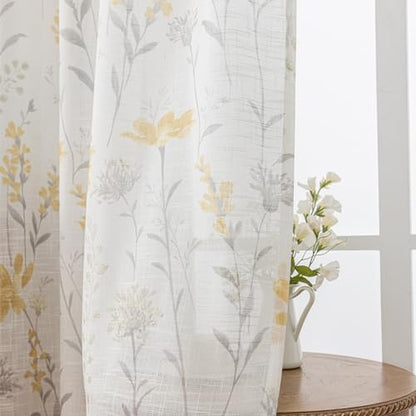 SUOUO Yellow Floral Semi-Sheer Curtains 96 Inches 2 Panels Rod Pocket - color: Yellow-grey, size: 52"W x 96"L (Pack of 2)