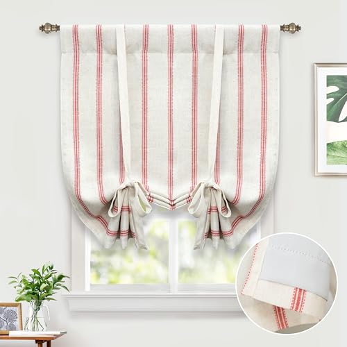 DriftAway Farmhouse Double Layer Linen Blackout Tie Up Curtains Thermal Insulated Vertical Striped Fully Lined Balloon Roman Shade Bathroom Window Adjustable Rod Pocket 25 Inch by 47 Inch Red - color: Red, size: 25"W x 47"L (Pack of 1)