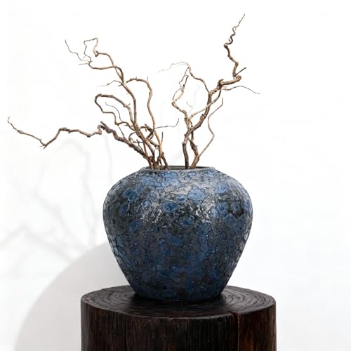 Rustic Blue Ceramic Vase, 7.9" Vintage Terracotta Pottery Vase for Living Room, Table Centerpieces, Wide Mouth Blue Vases for Home Decor, Farmhouse Kitchen Decor, Decorative Navy Vase for Flowers - size: 7 inches
