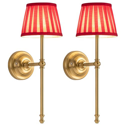 KDG Gold Cordless Wall Sconces Set of 2, Red Fabric LED Wall Lamps - color: Gold + Red Lampshde (2 Pack)