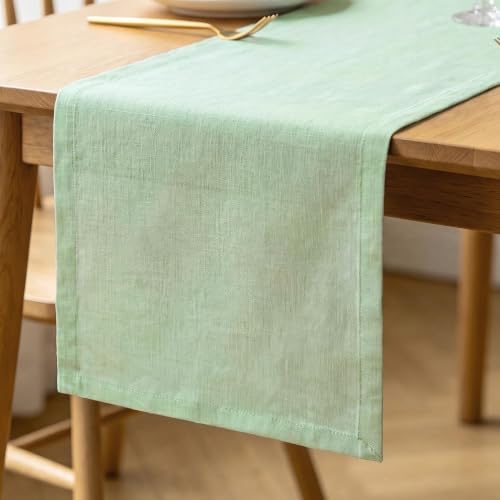 Linen Farmhouse Sage Green Table Runner 14 × 72 Inches, Washable Rustic Coffee Table Runner Home Decor Perfect for Kitchen Dining Table, Dresser, Cabinet and Outdoor - color: Chambray Green, size: 14 X 72 inch