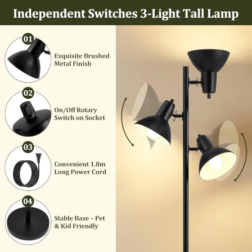 3 Light Floor Lamps for Living Room, 67" Tall Metal Modern Tree Floor Lamp - color: Black