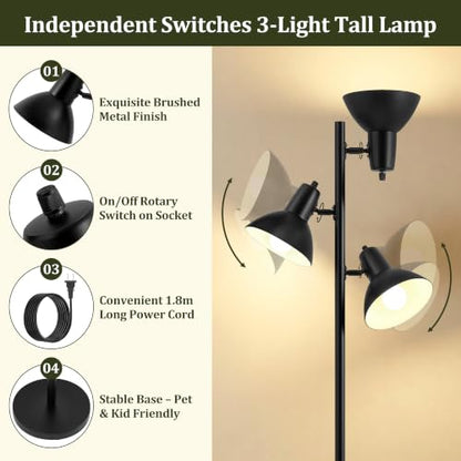 3 Light Floor Lamps for Living Room, 67" Tall Metal Modern Tree Floor Lamp - color: Black