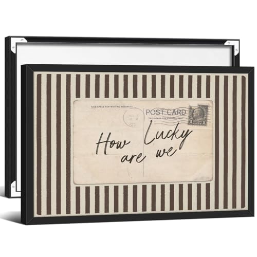 How Lucky Are We Canvas Wall Art Ready to hang 16x24in Wrapped Black Framed Vintage Postcard Positive Quote Poster Brown Striped Old Money Sentimental Print Cozy Rustic Faded Antique Postcard Decor - color: How Lucky Are We Prints, size: 24"L x 16"W, styl
