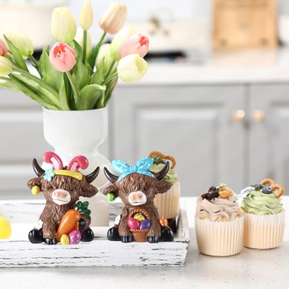 Karenhi 2 Pcs Highland Cow Figurines Resin, Bunny Ears Spring Decor - style: Easter