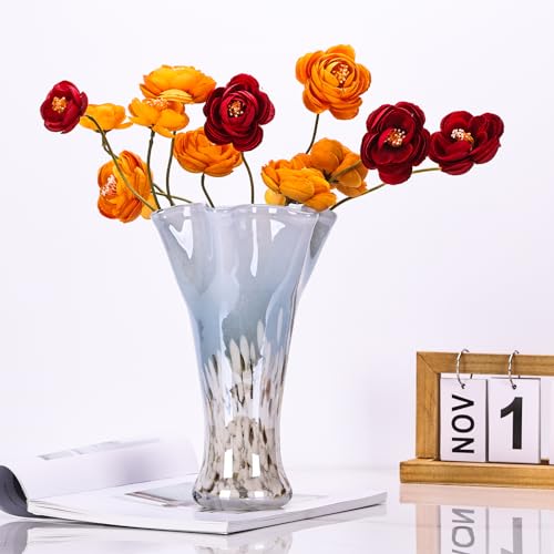 9.0" H Blue White Glass Vases for Flower, Unique Hand Blown Glass Vase - color: Blue White