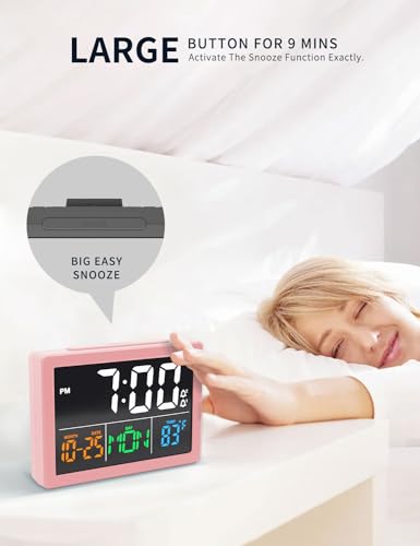 JALL Digital Clock with Date Day for Seniors, Electric Alarm Clocks for Bedrooms with Temperature, 2 Alarms, Dimmer, Dual USB Charger, Battery Backup, Volume Control, Snooze, Bedside Desk Clock, Pink - color: Pink