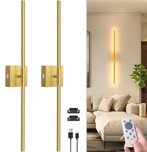 NIORSUN 28 Inch Battery Operated Wall Sconce Set of 2, 360° Rotation Gold Rechargeable Wall Lights with Detachable Tube and Remote, 3CCT Dimmable Wall Lamp for Living Room Bedroom Hallway - color: Gold, size: 28 Inch