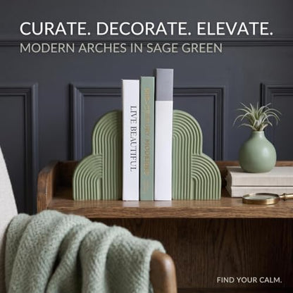 Sage Green 2 Pcs Boho Arch Concrete Bookends for Shelves, Clouds - color: Sage Green, style: Clouds