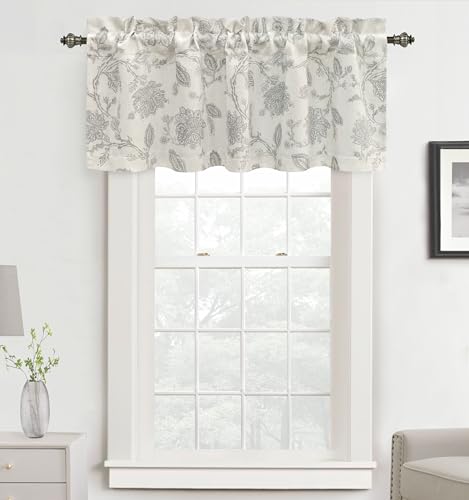 DriftAway Freda Jacobean Floral Linen Blend Blackout Thermal Insulated Energy Saving Privacy Window Linen Curtain Valance Rod Pocket 2 Layers Single 52 Inch by 18 Inch Plus 2 Inch Header Gray Beige - color: Grey, size: 52"W x 18"L (Pack of 1)