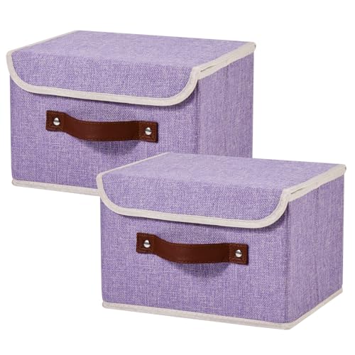 2PCS Storage Bins Boxes with Lids Decorative Fabric Baskets | Foldable Washable Stackable Lidded Clothes Container, Shelf Closet Organizer, w/ PU Leather Handles & PP Boards, Purple-Small - color: Purple, size: Small ( Pack of 2 )