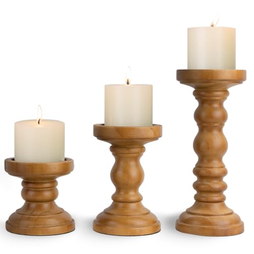 Candle Holder for Pillar Candle Set of 3, Farmhouse Wood Candle Holder, Rustic Wooden Candle Stand, Vintage Tall Candle Stand Decorative for Living Room, Table Centerpiece, Brown - color: Brown