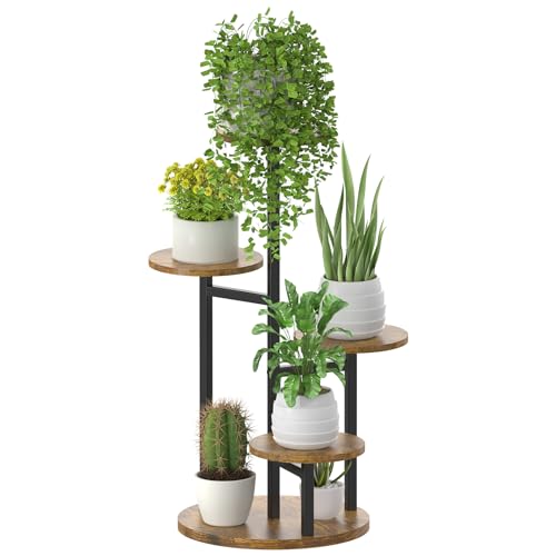 Oppro Plant Stand Indoor, 5 Tier Metal Wood Flower Multiple Shelf - color: Black-5 Tier