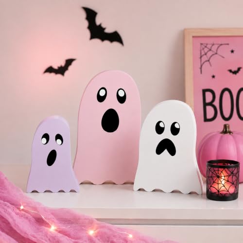 3 Pack Pink Halloween Ghost Decor, Wooden Tabletop Decorations for Home