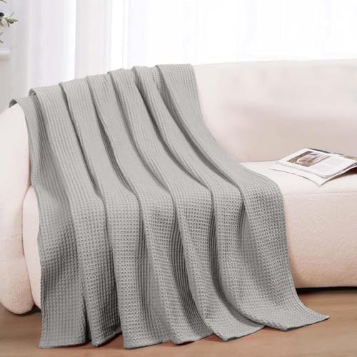 100% Cotton Blankets for Bed - Waffle Weave Blankets for Summer, Lightweight and Breathable Soft Woven Blanket for Spring (Light Grey, Throw (50" x 60")) - color: Light Grey, size: Throw (50" x 60")