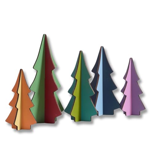Your Heart's Content Set of 5 Rainbow Trees, Interlocking Wood Custom curated Color Combinations, Handmade USA, Sustainable Holiday Decor, Vintage Mantel Decor (Set 5 Rainbow) - color: Set 5 Rainbow